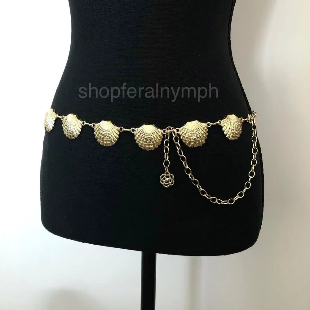 Vintage Y2K Mermaidcore Gold Seashell Chain Belt, Fits 23.5–43 Inches, X7GA1148